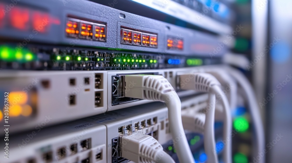 Poster network server rack with cables connected