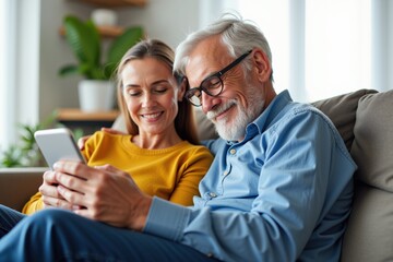 Joyful Senior Couple Enjoying Quality Time Together While Using a Smartphone in Their Cozy Living Room