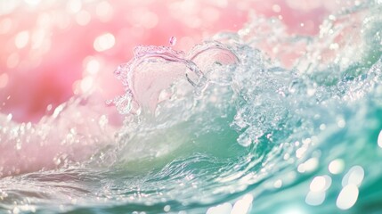 Sparkling ocean wave crest with pink bokeh background