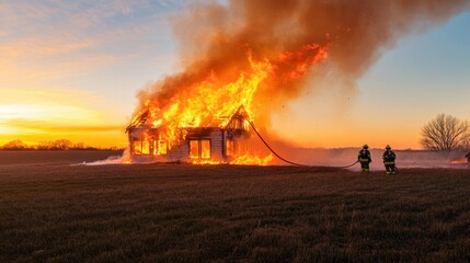A controlled house fire in a rural field, with firefighters practicing emergency response techniques under clear skies in Palmyra, Nebraska, 4K vivid realism