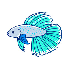 Cartoon illustration of a turquoise betta fish, Vector cartoon illustration of a betta fish with a light turquoise body, blue accents, and flowing fins, showcasing a graceful aquatic design.  
