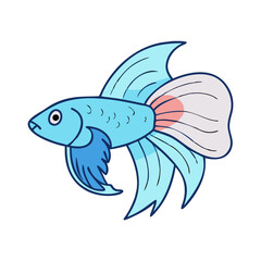 Cartoon illustration of a blue and white betta fish, Vector cartoon illustration of a betta fish with a light blue body, white flowing fins, and pink accents, featuring a graceful aquatic design.  
