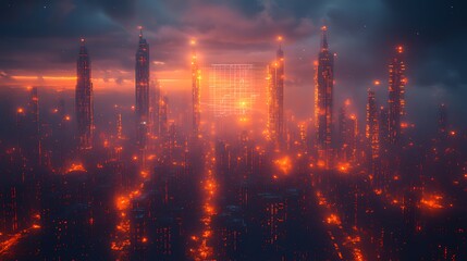 Obraz premium Futuristic city sunset, screen glowing, cloudscape, advertising
