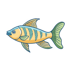 Cartoon illustration of a striped yellow and blue fish, Vector cartoon illustration of a fish with yellow and blue stripes, green fins, and a playful aquatic design featuring vibrant colors.  
