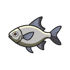 Cartoon illustration of a silverfish, Vector cartoon illustration of a silver fish with dark fins and simple detailing, showcasing a sleek and elegant aquatic design.  
