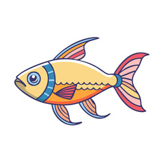 Cartoon illustration of a yellow and pink fish, Vector cartoon illustration of a fish with a yellow body, blue stripe, and pink fins, featuring a vibrant and elegant aquatic design.  
