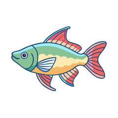 Cartoon illustration of a green and red fish, Vector cartoon illustration of a fish with a green body, yellow belly, and red fins, featuring a vibrant and playful aquatic design.  
