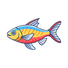 Cartoon illustration of a multicolored tropical fish, Vector cartoon illustration of a fish with yellow, blue, and red stripes, featuring vibrant fins and a playful, colorful aquatic design.  
