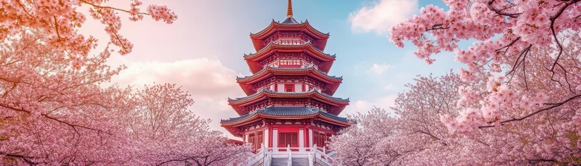 Naklejka premium Majestic pagoda surrounded by cherry blossoms, showcasing the elegance of East Asian cultural heritage