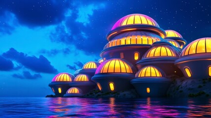 Obraz premium Futuristic Coastal Village with Domed Buildings Against Night Sky