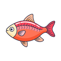 Cartoon illustration of a red-orange fish, Vector cartoon illustration of a fish with red and orange hues, yellow face, and detailed fins, showcasing a playful aquatic design.  
