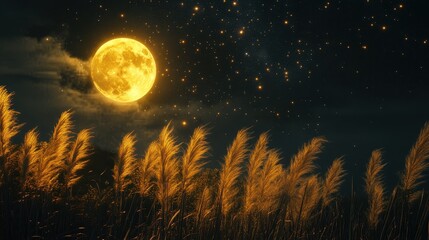 Naklejka premium Full moon and Japanese pampas grass in midnight,The harvest Miscanthus sinensis and full moon,beautiful night sky in the countryside with the perfect moon exudes beauty in the dark.