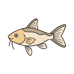 Simple catfish illustration in beige, Minimalistic illustration of a catfish with beige and brown tones, showcasing its whiskers and fins, perfect for aquatic themes. 
