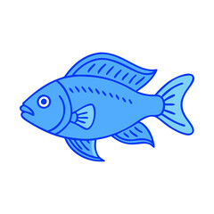 Cartoon fish with vibrant blue body and fins, A cartoon fish featuring a vibrant blue body, detailed fins, and a minimalistic style, ideal for aquatic-themed illustrations and designs.  
