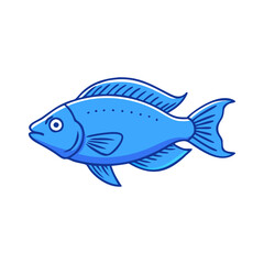 Cartoon fish with solid blue body and fins, A simple cartoon fish featuring a solid blue body with detailed fins, minimalistic design, and smooth contours, perfect for aquatic-themed illustrations.  
