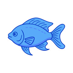 Cartoon fish with solid blue body and fins, A cartoon fish featuring a solid blue body and fins, with a simple and minimalistic design, perfect for aquatic-themed projects and illustrations.  
