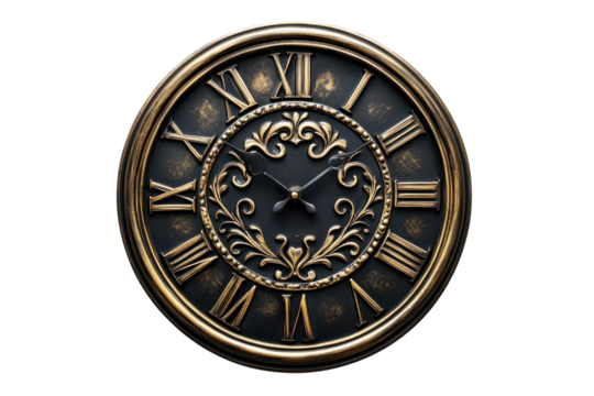 Classic ornate clock with Roman numerals placed against a dark backdrop and intricate detailing showcasing timeless design