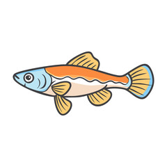 Cartoon fish with wavy orange and blue stripe, A cartoon fish featuring a cream body with a wavy orange stripe, blue highlights, and yellow fins, perfect for aquatic-themed designs.  
