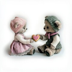 Two cute teddy bears holding a heart-shaped cookie, dressed in cozy outfits.