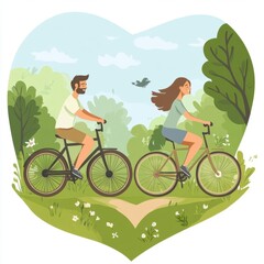 Naklejka premium Couple biking in a lush landscape, symbolizing love and outdoor adventure.