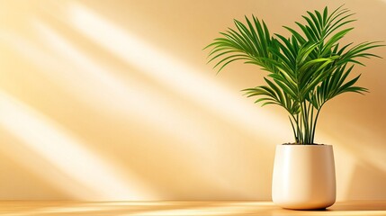 A vibrant green plant in a white pot, illuminated by soft sunlight against a warm, golden background.
