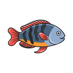 Cartoon fish with black stripes and red fins, A cartoon fish featuring a blue body with bold black stripes, red fins, and an orange belly, ideal for aquatic-themed projects or designs.  
