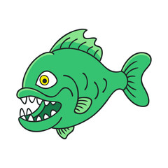 Cartoon green fish with sharp teeth, A cartoon depiction of a green fish with sharp teeth, spiky fins, and an expressive design, perfect for playful aquatic projects.  
