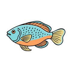 Cartoon fish with blue and orange body, A cartoon fish featuring a blue body with orange accents, yellow fins, and black details, perfect for aquatic-themed illustrations.  
