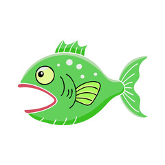 Cartoon green fish with open mouth, A playful cartoon fish in green color with an open mouth, expressive fins, and a simple design, ideal for fun projects.  
