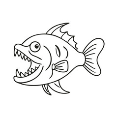 Line art of fish with sharp teeth, A black and white line drawing of a fish with sharp teeth and spiky fins, ideal for coloring or creative projects.  
