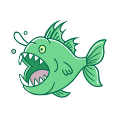 Cartoon green angler fish with sharp teeth, A cartoon depiction of a green angler fish with sharp teeth, expressive fins, and bubbles, perfect for playful aquatic designs.  
