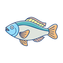 Colorful cartoon fish with blue details, A vibrant cartoon fish with blue, orange, and green accents, showcasing a simple and playful aquatic design.  
