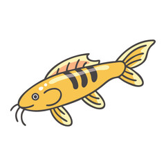 Yellow cartoon fish with black stripes, A bright yellow cartoon fish featuring bold black stripes and whiskers, perfect for educational materials or playful designs.  
