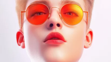 Young Model with Orange Sunglasses and Vivid Makeup Posing Fashionably Against a White Background © Pojjanee
