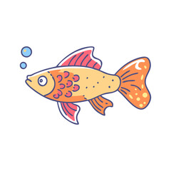 Colorful orange and yellow fish vector, Vector illustration of a fish with orange and yellow tones, pink fins, spotted tail, and bubbles, perfect for aquatic-themed designs.  
