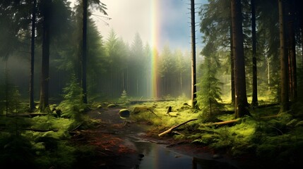 Fototapeta premium Stunning rainbow arching across a serene lush forest clearing in the aftermath of a rainstorm creating a picturesque and natural landscape scene