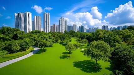Naklejka premium Lush Green Park Surrounded by Modern City Skyscrapers Under Blue Sky