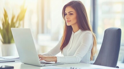 Businesswoman Working on Laptop in Modern Office