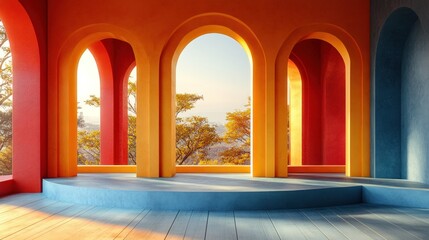 Fototapeta premium Vibrant architectural interior with colorful arches and scenic view of nature at sunset