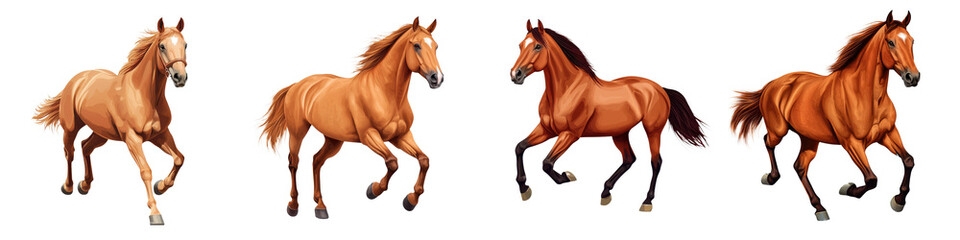 Obraz premium A herd of beautiful chestnut bay and sorrel horses galloping and running freely through a lush green meadow The powerful and graceful equine animals display their speed strength