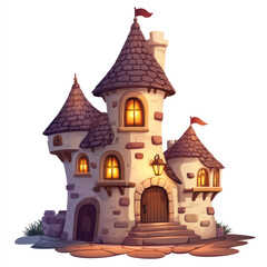 Illustration - Fairytale Castle with Glowing Windows, Flags, and Stone Steps