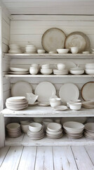 White Dishes on Rustic Shelves Illustration
