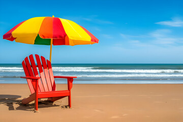 Beach Scene Illustration: Red Chair and Rainbow Umbrella