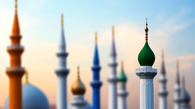A collection of mosque minarets with a prominent green dome against a soft sunset background.