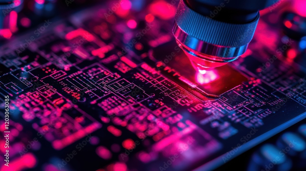 Poster close-up view of a circuit board under a microscope, showcasing intricate details and vibrant colors