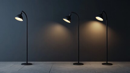 Three floor lamps illuminate dark room