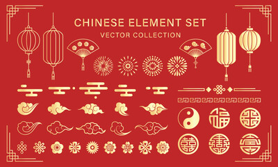 Chinese style frames and decorative materials. Asian design element set. Vector decorative collection of patterns, lanterns, flowers, clouds, ornaments in Chinese and Japanese style.