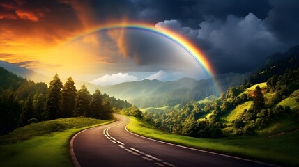 Stunning vibrant rainbow arch spanning over a winding country road through a picturesque rural landscape with lush greenery and a beautiful blue sky