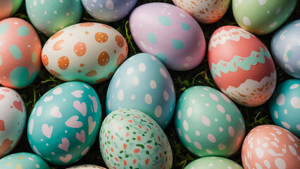 Obraz premium Happy easter! Closeup Colorful Easter eggs background. Happy family preparing for Easter.