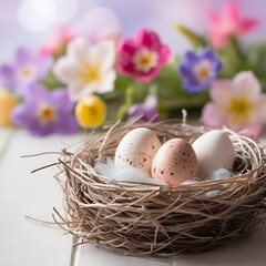 Speckled Eggs in Nest with Flowers Soft Background Springtime Decor